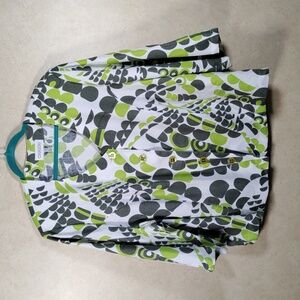 08158 Chalou green & white geometric print linen button blouse 20 NEW